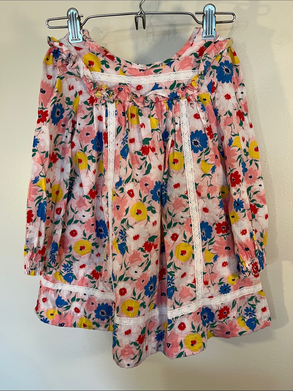 Mini Boden Pink Floral Lace-Trim Long Sleeve Dress